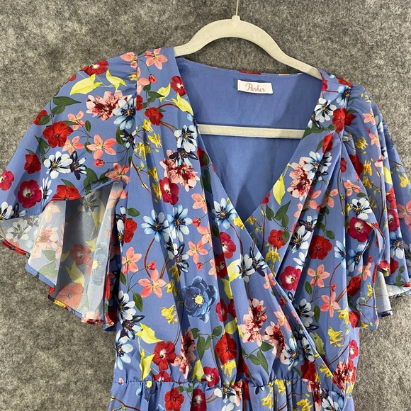 Parker Midi Wrap Dress Small Blue Floral Print Short Sleeve A-Line High-Low - Picture 5 of 11